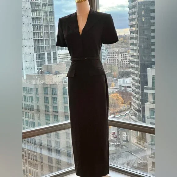 🆕 ROLAND MOURET 🧿 NWOT Belted Cady Midi Dress, Black - Sz UK 6 / US 2 - Picture 3 of 16
